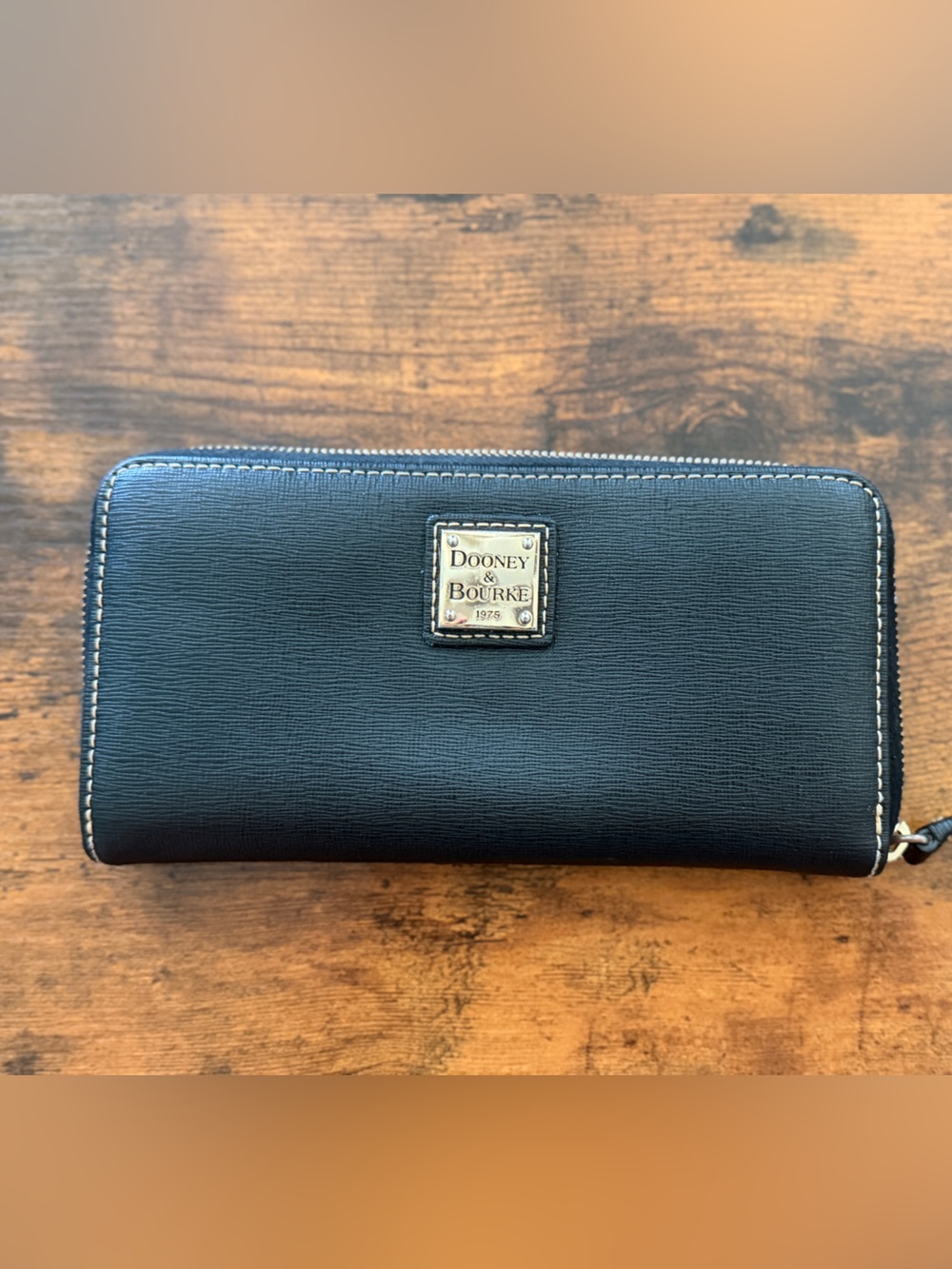 Dooney & Bourke Black Textured Zip Wallet with Gold Plaque